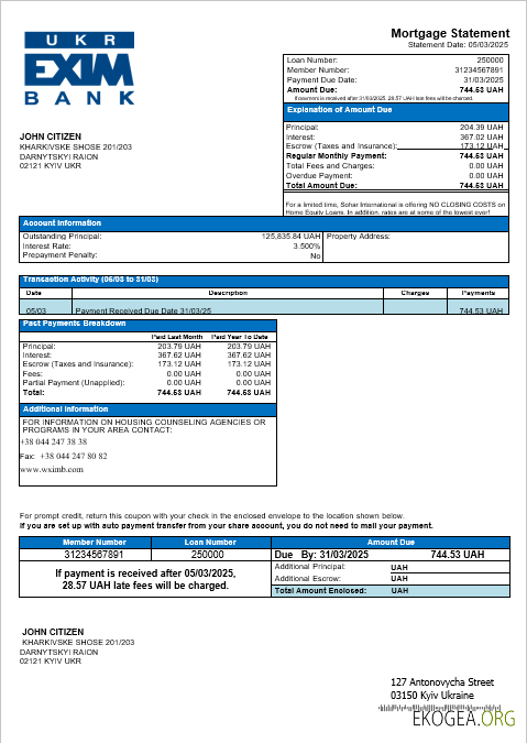 Relevé hypothécaire de la banque Ukraine Ukreximbank aux formats Word et PDF